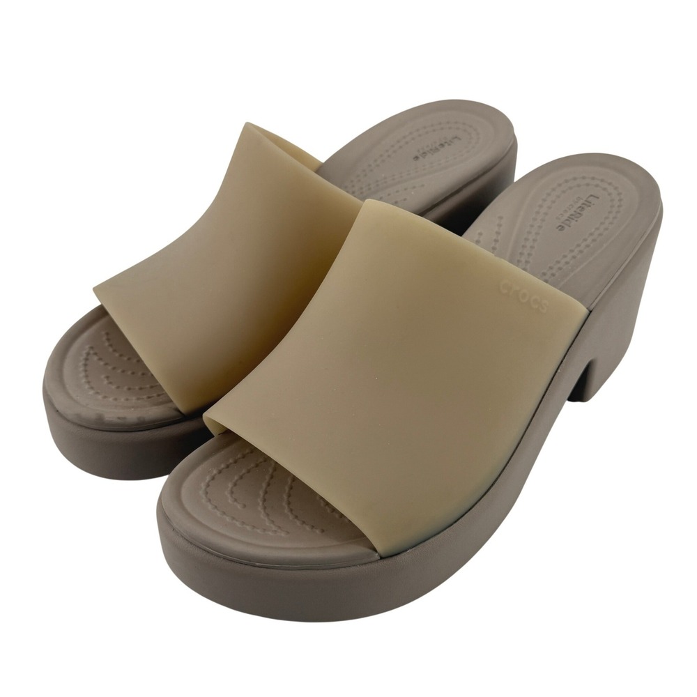 Crocs Brooklyn Frosted Slide Heel Sandals Taupe Women 7 Chunky Y2K Block Heel